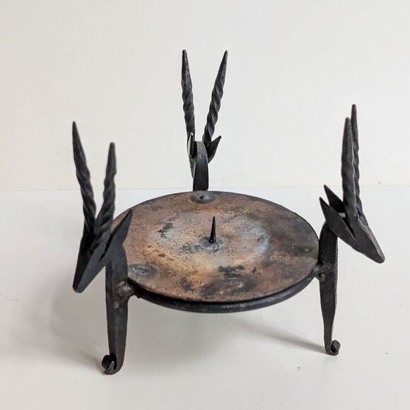 Vtg Hand Forged Wrought Iron Antelope Gazelle Heads Tripod Candle Holder - Picture 4 of 8